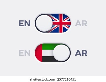 English language mode and Arabic language mode toggle switch buttons.Toggle slider with United Kingdome flag icon and UAE flag icon. Material design slider switch buttons set. Vector illustration.