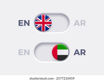 English language mode and Arabic language mode toggle switch buttons.Toggle slider with United Kingdome flag icon and UAE flag icon. Material design slider switch buttons set. Vector illustration.