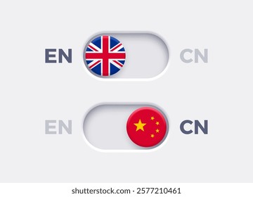 English language mode and China language mode toggle switch buttons. Toggle slider with United Kingdome flag icon and China flag icon. Material design slider switch buttons set. Vector illustration.