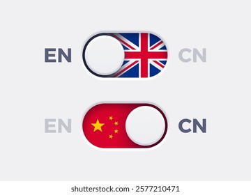 English language mode and China language mode toggle switch buttons. Toggle slider with United Kingdome flag icon and China flag icon. Material design slider switch buttons set. Vector illustration.