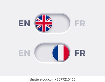 English language mode and French language mode toggle switch buttons.Toggle slider with United Kingdome flag icon and French flag icon. Material design slider switch buttons set. Vector illustration.