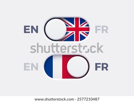 English language mode and French language mode toggle switch buttons.Toggle slider with United Kingdome flag icon and French flag icon. Material design slider switch buttons set. Vector illustration.