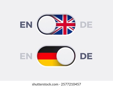 English language mode and German language mode toggle switch buttons.Toggle slider with United Kingdome flag icon and German flag icon. Material design slider switch buttons set. Vector illustration.