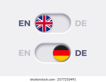 English language mode and German language mode toggle switch buttons.Toggle slider with United Kingdome flag icon and German flag icon. Material design slider switch buttons set. Vector illustration.