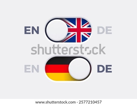 English language mode and German language mode toggle switch buttons.Toggle slider with United Kingdome flag icon and German flag icon. Material design slider switch buttons set. Vector illustration.