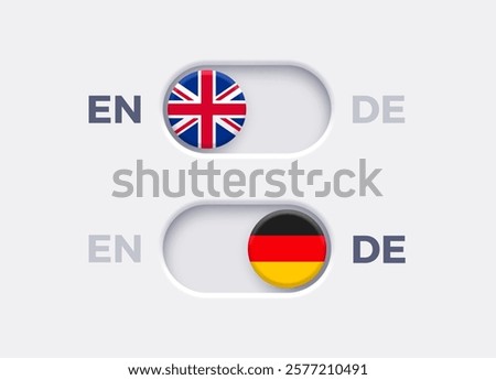 English language mode and German language mode toggle switch buttons.Toggle slider with United Kingdome flag icon and German flag icon. Material design slider switch buttons set. Vector illustration.