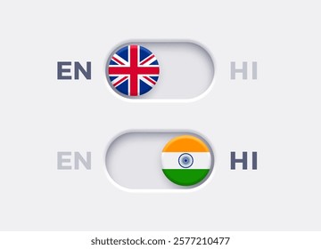 English language mode and Hindi language mode toggle switch buttons.Toggle slider with United Kingdome flag icon and Indian flag icon. Material design slider switch buttons set. Vector illustration.