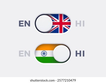 English language mode and Hindi language mode toggle switch buttons.Toggle slider with United Kingdome flag icon and Indian flag icon. Material design slider switch buttons set. Vector illustration.