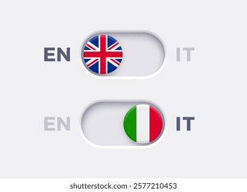 English language mode and Italian language mode toggle switch buttons.Toggle slider with United Kingdome flag icon and Italian flag icon. Material design slider switch buttons set. Vector illustration