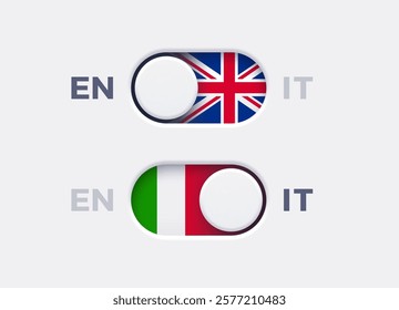 English language mode and Italian language mode toggle switch buttons.Toggle slider with United Kingdome flag icon and Italian flag icon. Material design slider switch buttons set. Vector illustration