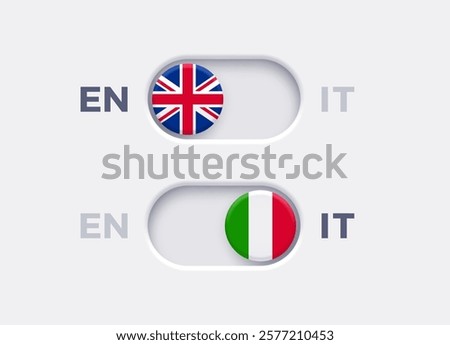 English language mode and Italian language mode toggle switch buttons.Toggle slider with United Kingdome flag icon and Italian flag icon. Material design slider switch buttons set. Vector illustration