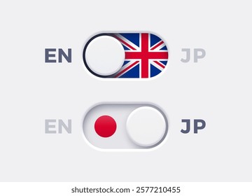 English language mode and Japan language mode toggle switch buttons. Toggle slider with United Kingdome flag icon and Japan flag icon. Material design slider switch buttons set. Vector illustration.