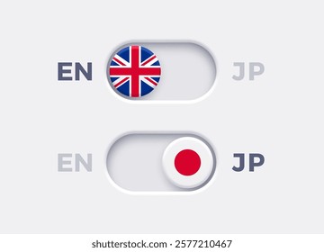 English language mode and Japan language mode toggle switch buttons. Toggle slider with United Kingdome flag icon and Japan flag icon. Material design slider switch buttons set. Vector illustration.