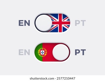 English language mode and Portuguese language mode toggle switch buttons.Toggle slider with United Kingdome flag icon and Portuguese flag icon. Material design slider switch buttons vector set.