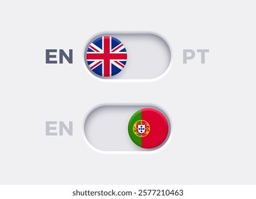 English language mode and Portuguese language mode toggle switch buttons.Toggle slider with United Kingdome flag icon and Portuguese flag icon. Material design slider switch buttons vector set.