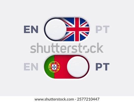 English language mode and Portuguese language mode toggle switch buttons.Toggle slider with United Kingdome flag icon and Portuguese flag icon. Material design slider switch buttons vector set.