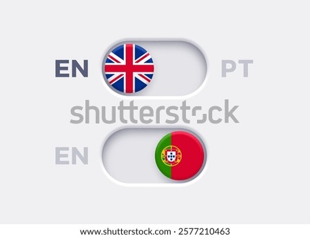 English language mode and Portuguese language mode toggle switch buttons.Toggle slider with United Kingdome flag icon and Portuguese flag icon. Material design slider switch buttons vector set.