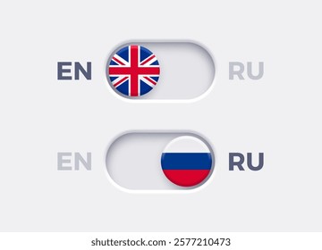 English language mode and Russian language mode toggle switch buttons.Toggle slider with United Kingdome flag icon and Russian flag icon. Material design slider switch buttons set. Vector illustration