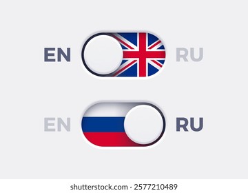 English language mode and Russian language mode toggle switch buttons.Toggle slider with United Kingdome flag icon and Russian flag icon. Material design slider switch buttons set. Vector illustration