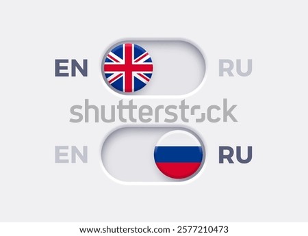 English language mode and Russian language mode toggle switch buttons.Toggle slider with United Kingdome flag icon and Russian flag icon. Material design slider switch buttons set. Vector illustration