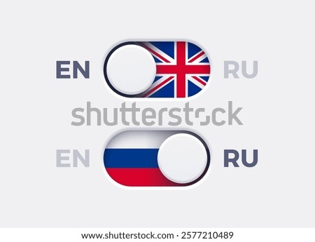 English language mode and Russian language mode toggle switch buttons.Toggle slider with United Kingdome flag icon and Russian flag icon. Material design slider switch buttons set. Vector illustration