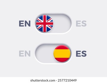 English language mode and Spanish language mode toggle switch buttons.Toggle slider with United Kingdome flag icon and Spanish flag icon. Material design slider switch buttons set. Vector illustration