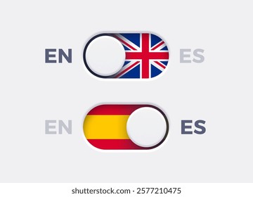 English language mode and Spanish language mode toggle switch buttons.Toggle slider with United Kingdome flag icon and Spanish flag icon. Material design slider switch buttons set. Vector illustration