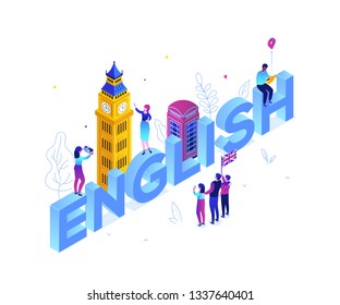 English language - modern colorful isometric vector illustration on white background. A composition with Big Ben, phone booth, tourists with a map, flag of the UK, taking pictures. Education concept