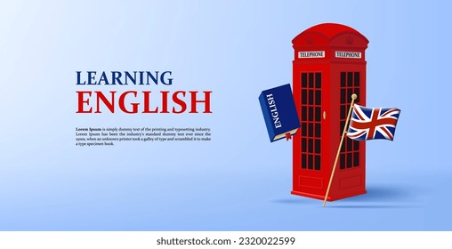 Banner de la escuela de inglés con caja de teléfono roja, bandera británica e ilustración 3d del libro