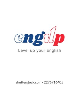 English language school logo design. Concept of Level up your English. U letter with Up arrow symbol. Vector illustration of English language school, lesson, course logo