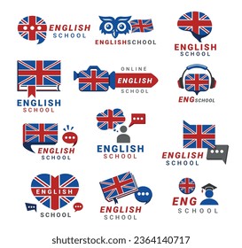 English language school logo set British flag decorative design isometric vector illustration. Online education course international knowledge improvement speak skill learn lesson communication teach