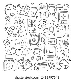 English language. Set of doodle elements. Vector isolated on white background