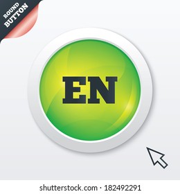 English language sign icon. EN translation symbol. Green shiny button. Modern UI website button with mouse cursor pointer. Vector