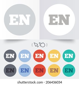 English language sign icon. EN translation symbol. Round 12 circle buttons. Shadow. Hand cursor pointer. Vector