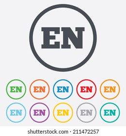 English Language Sign Icon. EN Translation Symbol. Round Circle Buttons With Frame. Vector