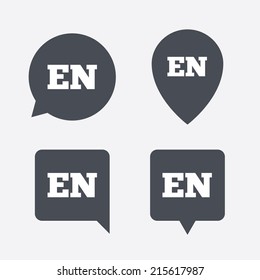 English Language Sign Icon. EN Translation Symbol. Map Pointers Information Buttons. Speech Bubbles With Icons. Vector