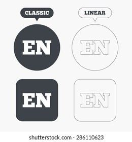 English language sign icon. EN translation symbol. Classic and line web buttons. Circles and squares. Vector