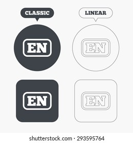 English language sign icon. EN translation symbol with frame. Classic and line web buttons. Circles and squares. Vector