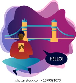 English language. Speakeasy language school. 
Internship in England. Illustration for online school banner. About British tourism and abroad education. Preparing language course for foreign students.
