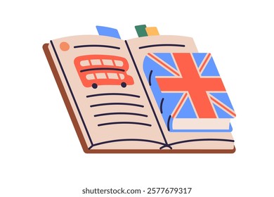 English language, study book. Open textbook, schoolbook, literature for education, British grammar learning, reading and vocabulary. Flat graphic vector illustration isolated on white background