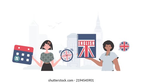 English language team. The concept of teaching English. Trendy flat style. Vector illustration.