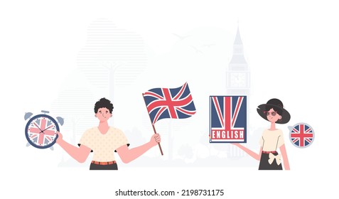 Equipo de inglés. El concepto de enseñanza del inglés. Estilo de caricatura de moda. Ilustración en vector.