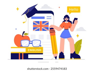 English Language Vector Illustration featuring Students Studying Foreign Languages, Global Communication, and Elementary Grammar Lessons Background