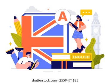 English Language Vector Illustration featuring Students Studying Foreign Languages, Global Communication, and Elementary Grammar Lessons Background