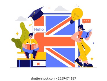 English Language Vector Illustration featuring Students Studying Foreign Languages, Global Communication, and Elementary Grammar Lessons Background