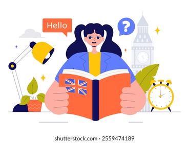 English Language Vector Illustration featuring Students Studying Foreign Languages, Global Communication, and Elementary Grammar Lessons Background