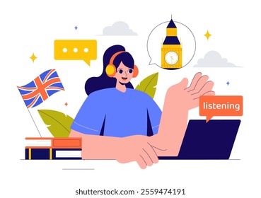 English Language Vector Illustration featuring Students Studying Foreign Languages, Global Communication, and Elementary Grammar Lessons Background