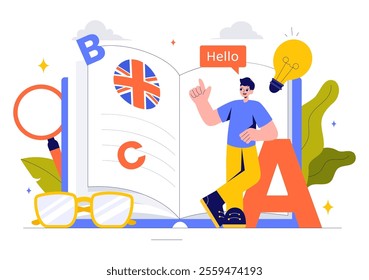 English Language Vector Illustration featuring Students Studying Foreign Languages, Global Communication, and Elementary Grammar Lessons Background