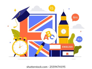 English Language Vector Illustration featuring Students Studying Foreign Languages, Global Communication, and Elementary Grammar Lessons Background