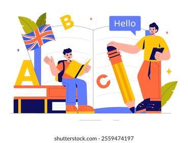 English Language Vector Illustration featuring Students Studying Foreign Languages, Global Communication, and Elementary Grammar Lessons Background